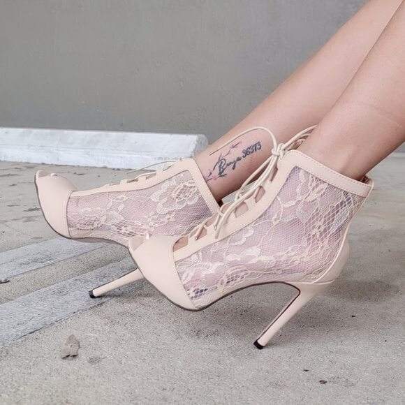 Shoes - Women Ankle Open Toe High Heel Booties Lace Up Nude Color